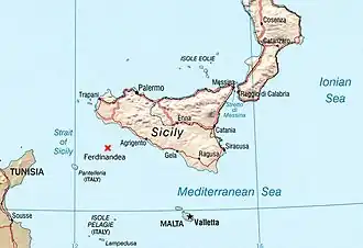 Фердинандея на карте. В центре карты — остров Сицилия.