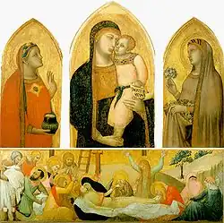 Мадонна с Младенцем, святые Магдалина, Доротея и Снятие с креста. 1325. Полиптих. Дерево, темпера. Пинакотека, Сиена