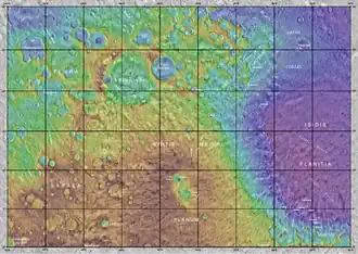 На фото: Карта Марса, в правом нижнем углу, вы можете наблюдать кратер Брэдбери