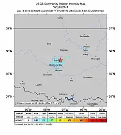 Эпицентр землетрясения в Оклахоме 15 января 2010 года (Снимок USGS)