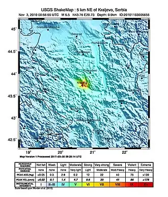Эпицентр землетрясения в Сербии 3 ноября 2010 года (Снимок USGS)