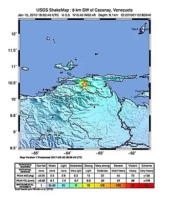 Эпицентр землетрясения в Сукре 15 января 2010 года (Снимок USGS)