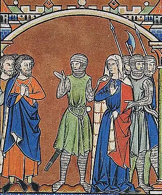 Авенир (в зелёном) отправляет Мелхолу Давиду. Фалтий стоит слева. Иллюстрация из Библии Мациевского