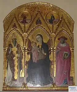 Сано ди Пьетро. Мадонна с Младенцем, святыми Амвросием и Иеронимом. 1436