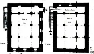 Слева план первого яруса мечети (для мужчин), справа план второго яруса (для женщин)