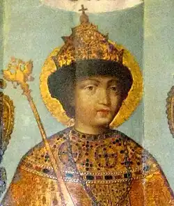 Иван Салтанов или Иван Безмин (с учениками?). «Спас Нерукотворный с предстоящим царём Фёдором Алексеевичем», деталь (1686, ГИМ)