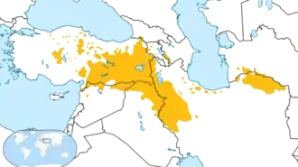 Распространение курдского языка на территории Западной Азии (на 2007 г.)