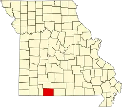 A state map highlighting Taney County in the southwestern part of the state.