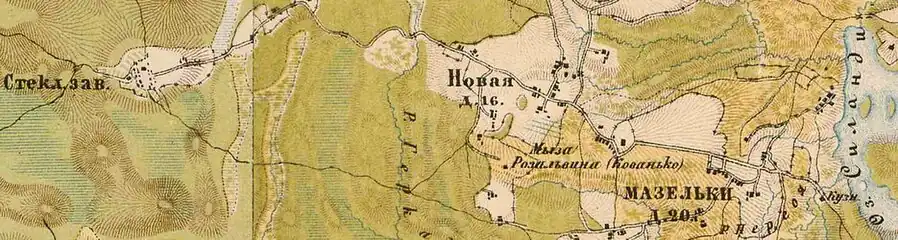 Мыза Розальвина, Стеклянный Завод и деревня Мазельки на карте 1885 года