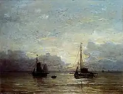 Рыбацкие суда близ берега. Холст, масло. Частное собрание