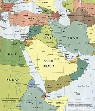 Ближний Восток (подписан как Middle East) (карта до 2011 года, т. е. до отсоединения Южного Судана)