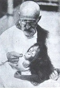 М. А. Величковский с орангутаном Фриной. Московский зоопарк, 1928