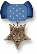 A light blue neck ribbon with a gold star shaped medallion hanging from it. The ribbon is similar in shape to a bowtie with 13 white stars in the center of the ribbon.