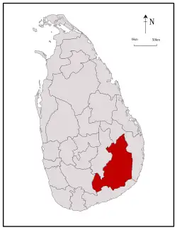 Area map of Moneragala District, located east of the centre of the country, has its south eat border extending towards the west, in the Uva Province of Sri Lanka