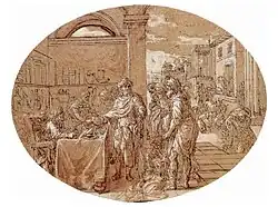 Сбор податей в храме. Бистр, перо, кисть, белила