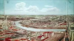 Лист 7. Москва-река. Позади в центре — Новоспасский монастырь, правее позади — Крутицкое подворье и Симонов монастырь. Впереди — улица Варварка с церковью Великомученицы Варвары, в честь которой названа.