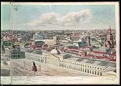 Лист 4. Памятник Минину и Пожарскому (позднее был переставлен к храму Василия Блаженного), торговые ряды (на их месте — ГУМ), Большой театр (сзади в центре, над памятником), Собор Богоявленского монастыря.