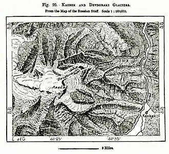 Карта 1891 года, на которой обозначены Казбек и Девдоракский ледник