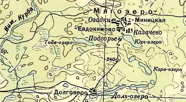 Деревня Долгозеро на карте 1940 года