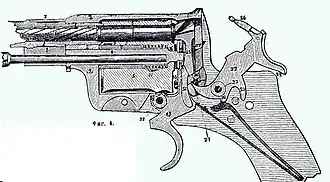 Схема ударно-спускового механизма револьвера «Наган». Курок изображён на боевом взводе.