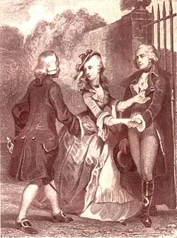 Юлия между Сен-Прё (слева) и де Вольмаром.Гравюра к первому изданию 1761 года