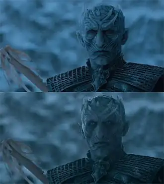 Вверху: Король Ночи с  практическими эффектами и протезированием.Внизу: добавлен VFX в постпродакшн с измененными глазами и ледяным слоем.