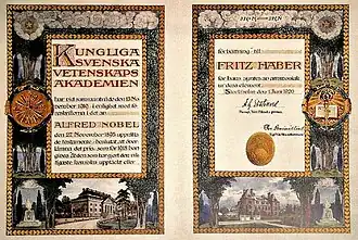 Фотография копии диплома Нобелевской премии по химии, вручённого Фрицу Габеру в 1919 году. Копия является частью выставки в музее Вроцлавского университета