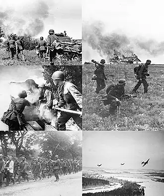 По часовой стрелке сверху слева: 
* Немецкие солдаты продвигаются по северу России
* Немецкая огнеметная команда
* Советские Ил-2 над немецкими позициями под Москвой
* Советские военнопленные по дороге в лагеря
* Советские солдаты ведут артиллерийский огонь