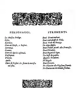 A decorated page showing two lists, respectively headed «Personaggi» (a list of characters) and «Stromenti»
