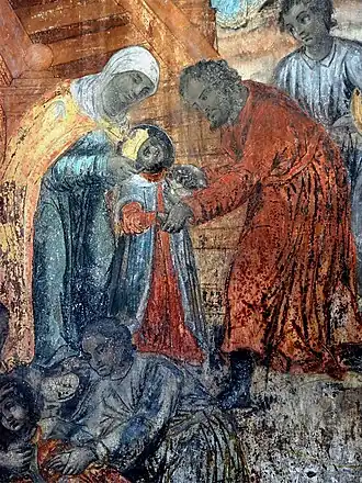 «Убиение царевича Димитрия» (деталь фрески в церкви Димитрия на Крови). Василиса Волохова — крайняя слева.