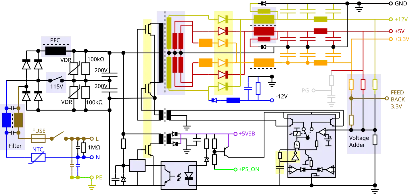 Принципиальная схема БП персонального компьютера