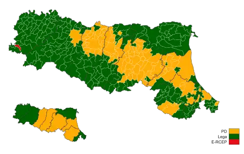 Жёлтый — Демократическая партия, зелёный — Лига Севера, красный — Смелая, экологичная и прогрессивная Эмилия-Романья