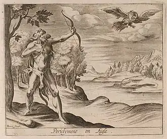 «Геракл убивает Периклимена в образе орла». Гравюра XVII века И. Бриота[англ.] к «Метаморфозам» Овидия