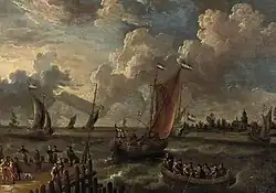 Судно в устье реки с фигурами на причале и городом вдали. 1683. Холст, масло. Частное собрание