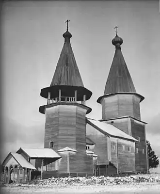 Церковь Вознесения, Ильи Пророка и Богоявления (сгорела в 1975 г.), вид с юго-запада  Объект культурного наследия № 1002633000№ 1002633000