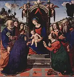 Мистическое обручение святой Екатерины Александрийской. Мария с Младенцем, ангелы, святая Екатерина Александрийская, святая Роза из Витербо, святые Пётр и Иоанн Креститель. 1493. Дерево, масло. Музей Оспедале дельи Инноченти, Флоренция