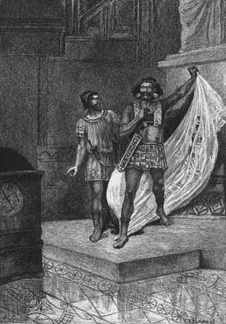 Спендий (слева) на иллюстрации к роману «Саламбо» Г. Флобера (издание 1890 года)