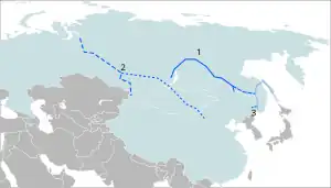 Маршруты трубопроводов «Сила Сибири», включая проектируемые; для «Силы Сибири — 2» представлены два варианта проектов — прямой на территорию Китая и через Монголию.