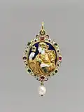 Подвеска. 1550—1560. Золото, платина, эмаль, рубины, изумруды, бриллианты, жемчуг