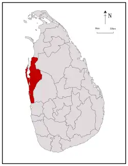 Area map of Puttalam District, lying along the western coast, in the North Western Province of Sri Lanka