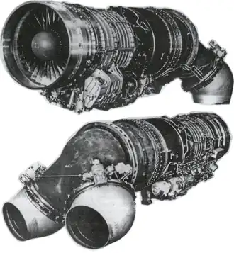 Сверху: вид спереди на ТРД, поворотные насадки в положении для вертикального полёта  Снизу: вид сзади на ТРД, поворотные насадки в положении для горизонтального полёта