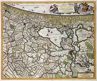 Карта 1681, показывающая расширившуюся бухту Эй. (Примечание: Карта повёрнута на 90°)