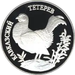 Кавказский тетерев на серебряной монете Банка России (1 рубль, 1995 год)
