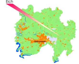 Положение поселения Айх на карте города Радеформвальда