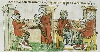 Сваты Владимира Святославича у Рогволода (слева); Рогволод беседует с Рогнедой (справа). Миниатюра из Радзивилловской летописи, конец XV века