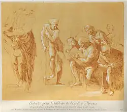 А. Робер, Н. Лесюёр. Фигуры фрески Рафаэля «Афинская школа» в Ватикане. 1729. «Кабинет Кроза». Офорт, цветная гравюра на дереве