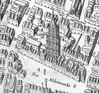 Старая рыночная площадь с мэрией Кёльна на карте Меркатора, 1570 год