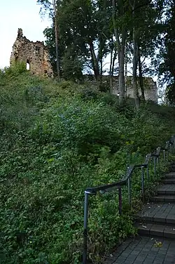 Вида руин замка снизу