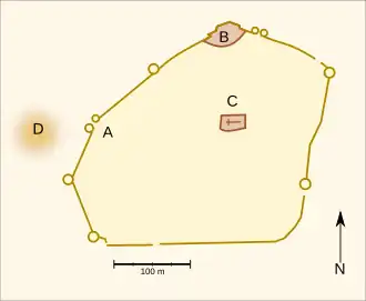 Карта Ренна в период осады
A. Ворота Морделес
B. Старый замок
C. Собор
D. Базилика Святого Спасителя