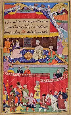 Картина, изображающая воссоединение Ханзада Бегум и Бабура в Кундузе, Афганистане,около 1511 г. н.э., Бабурнама